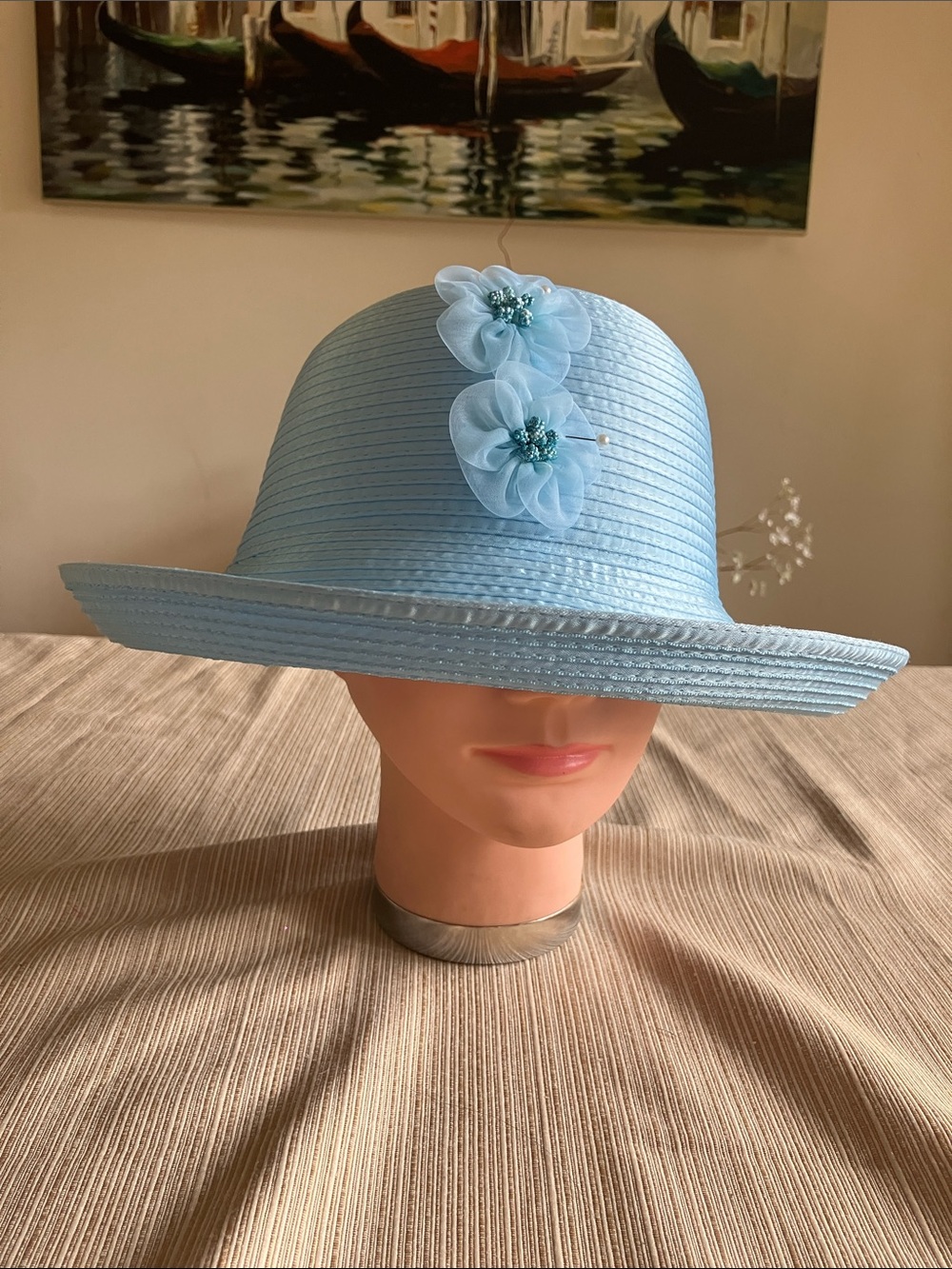 Chic Light Blue Satin Ribbon Floral Trim  Hat